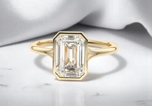2.0CTW IGI Certified Emerald Cut Lab Diamond Bezel Set Split Shank 14k Gold Ring - Picture 1 of 10