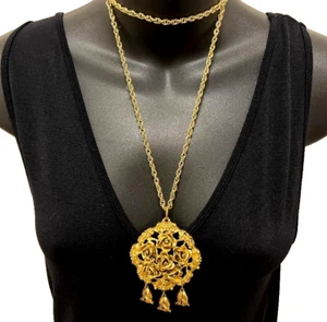 VTG. TORTOLANI Signed Chunky Rose Flower Dangle Pendant Statement Necklace 34" L - Picture 1 of 7