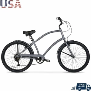 Men's 26inch Cruiser Commuter Bike Lightweight 7 Speed Comfort Saddle Gray Black - Picture 1 of 9