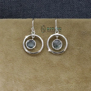 Blue Rose Cut Round Shape Lab Grown Diamond Dangle Style Earrings For Women - Picture 1 of 8