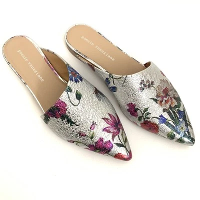 Poesía Veneziana Mula Pisos Talla 7 Floral Metálico Punta Puntera Sin Cordones Foto 1 de 4