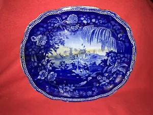 LNRT1 Staffordshire dunkelblau Transferplatte orientalische Pagode Szene Holz 1825 - Bild 1 von 7