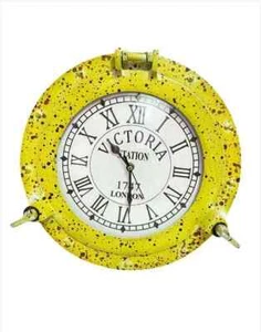 Reloj colgante de pared con ojo de buey de barco de aluminio acabado pátina amarilla decoración de pared reloj - Imagen 1 de 4