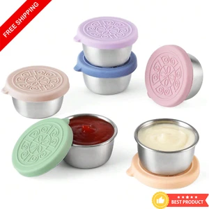 Salad Dressing Container 1.6oz Stainless Steel Sauce Cups W/ Silicone Lids 6pcs - Picture 1 of 10