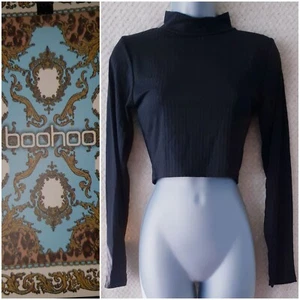 Boohoo Größe 10 Polyester schwarze Rippe langarm kurz geschnittener Pullover hoher Ausschnitt - Bild 1 von 7