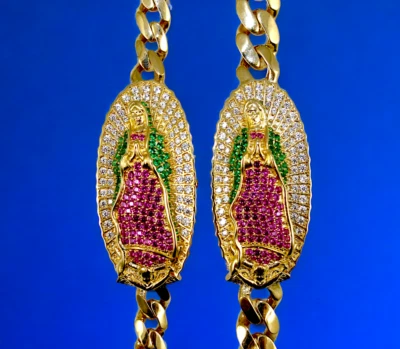 14K Yellow Gold SOLID Virgin Mary CZ Monaco Cuban Link Chain ID Bracelet Real - Image 1 of 4