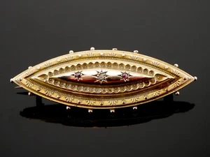 Beautiful Hallmarked 9ct Gold Diamond & Ruby Victorian Brooch Chester 1900 - Picture 1 of 4