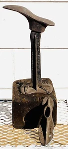 Antique Cobbler Stand Wood Base 13” Cast Leg Stand Pat 1890 & 2 Shoe Forms Cast - Picture 1 of 12
