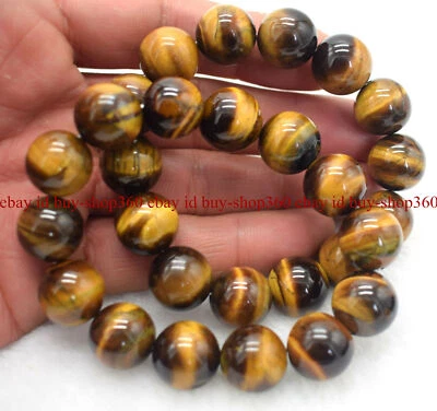 Enorme brazalete de 2 cuentas redondas de piedras preciosas ojo de tigre amarillo natural de 14 mm 7,5" AAA Foto 1 de 4