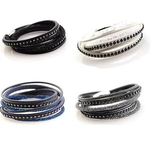 Real Leather Multi Strand Bracelet with Stardust, Diamantés Magnetic Clasp UK - Picture 1 of 5