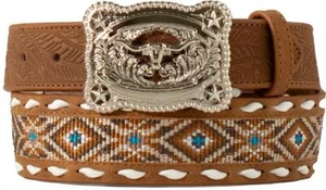 3D Western Boys Belt Youth Leather Embroidered Buck Lace Stitch Brown D120003802 - Picture 1 of 1