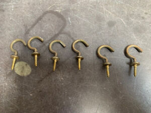 Set of Six 28mm Reclaimed Brass Cup Hooks Screw-in Hanging Storage