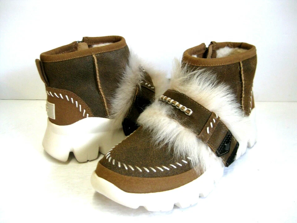 Women's UGG Fluff Punk Chestnut Suede Sheepskin Ankle BOOTS Shoes 6 37