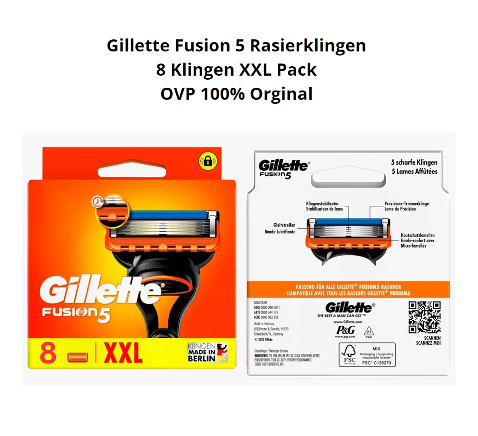 8X Gillette Fusion 5 Rasierklingen 8 Klingen XXL Pack OVP 100% Orginal Klingen~