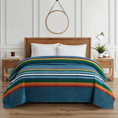 Pendleton Sherpa Fleece Blanket King 112”x92” Serape Stripe Blue - Image 1 of 4