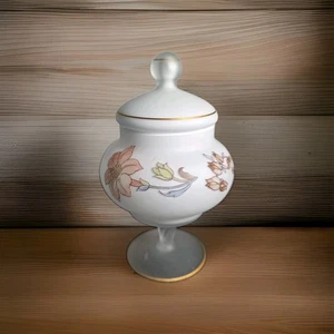 Vtg Norleans Italy White Frosted Satin Art Glass Lidded Compote Jar Floral 8" - Picture 1 of 9