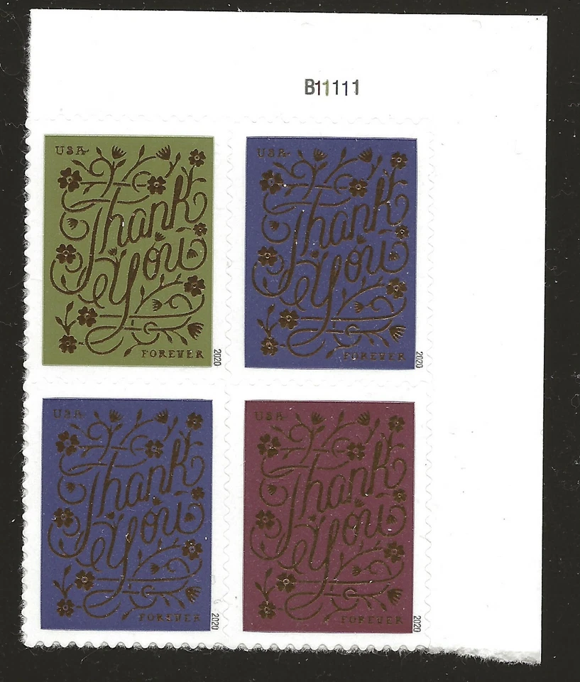 US Scott #5519-22, Plate Block #B111111 2020 Thank You VF MNH Upper Right - Image 1 of 1