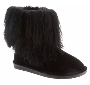 Bearpaw Boo Black Shearling Wool Lined Curly Lamb Fur Mongolian Sherpa Boots 6 - Picture 1 of 10
