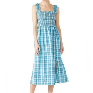 Nicholas Blue Smocked Plaid Apron Midi Dress Sz 8 - Picture 1 of 14
