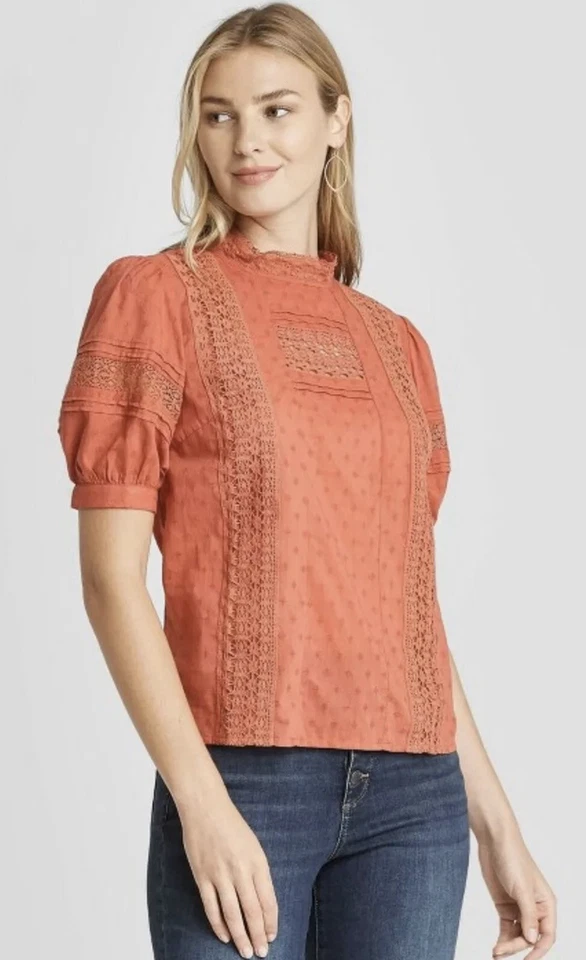 Women's Puff Elbow Sleeve Eyelet Blouse Universal Thread Pink M Medium