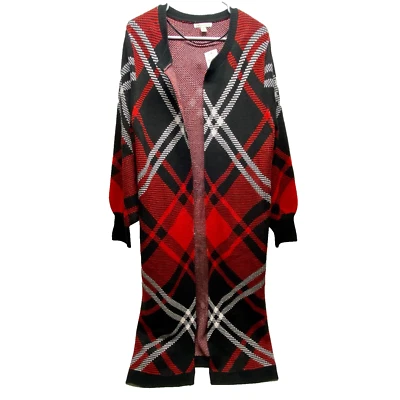 Cárdigan largo plumero delantero abierto Cato Fashions grande negro rojo a cuadros nuevo con etiquetas Foto 1 de 4