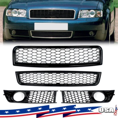 For Audi A4 B6 2002-2005 Honeycomb Front Upper Lower Grille+Fog Light Grille NEW - Image 1 of 4