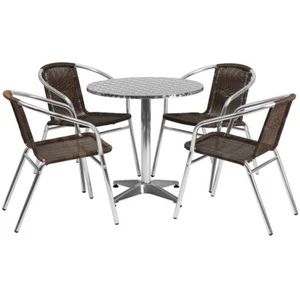 Flash 27.5'' Round Aluminum Table Set with 4 Dark Brown Rattan Chairs - Picture 1 of 1