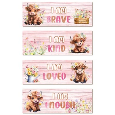 Arte de pared de vaca rosa para dormitorio de niñas Highland Cow 4 piezas flores silvestres agua... Foto 1 de 4