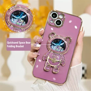 For iPhone Samsung Huawei +Quicksand Space Bear Holder Stand Phone Case Cover 6D - Picture 1 of 13