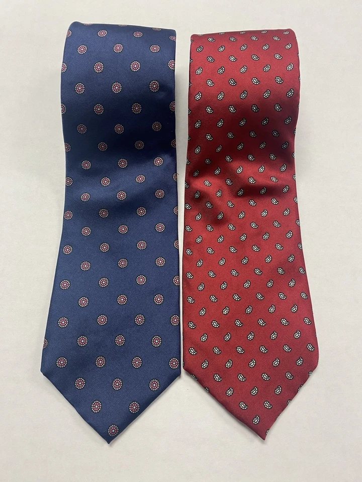 Lote de 2 corbatas de seda Preswick & Moore para hombre hechas a mano en EE. UU. rojas y azules con cachemira Foto 1 de 4