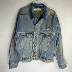 90s Code Bleu Blue Denim Jean Jacket Large Trucker Y2K Corduroy Collar Vintage - Picture 1 of 20