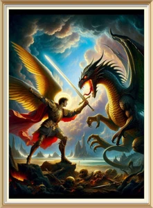 Inspirational Religious Print ARCH ANGEL ST MICHAEL SWORD FIGHT DRAGON SATAN SM9 - Picture 1 of 1