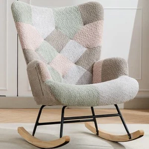 Modern Patchwork Accent Chair with Solid Wood Armrest and Feet, Mid-Century Mode - Picture 1 of 24