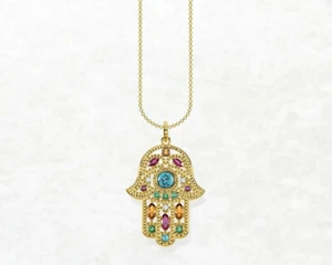 925 Sterling Silver Turquoise Multicolor CZ Hamsa hand Pendant Necklace 16" - Picture 1 of 7
