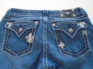 MISS ME Women's Denim Bling Fleur Cross Stretch Low Rise BOOTCUT Jeans Size 30 - Picture 1 of 11