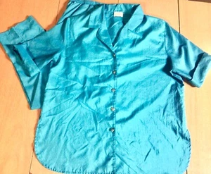 Vintage 80er 2-teiliges türkisgrünes Park Place Moden Kurzarm Buttondown/Hosen Set ~ L - Bild 1 von 9