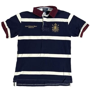 Ralph Lauren Polo Shirt Blue White Stripe Saddle Harness Maker Crest Boys Size M - Picture 1 of 5