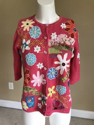 Vtg Susan Bristol Women’s Short Sleeve Cardigan Sweater Pink Flowers Bonsai Sz S - Image 1 of 4