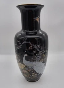 Vintage Shibata Japan White Peacock Black Gold Ceramic Vase 6" X 11” - Picture 1 of 7