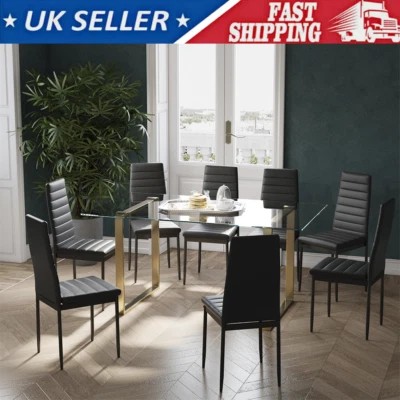 Square Tempered Glass Table & 4/6/8 Chair Sets Dining Kitchen Table w/ Metal Leg - Image 1 of 4