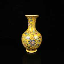 Yellow Handmade Painted Cloisonne Porcelain Vase Flower Bird QianLong Mark Deco