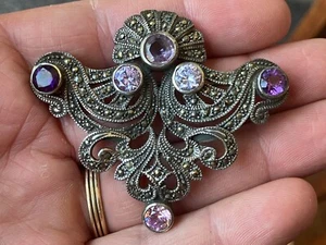 Antique Large 1920-1930’s Art Deco Sterling Silver Brooch Amethyst & Marcasite - Picture 1 of 9