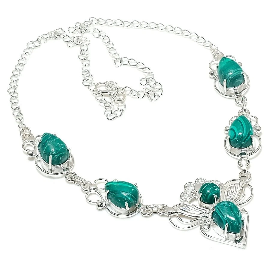 Collar de joyería de plata de ley 925 hecho a mano con piedras preciosas de malaquita verde tamaño 18" Foto 1 de 1