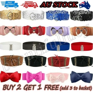 Ladies Stretch Buckle Waist Belt Bow Corset Cinch Dress Waistband Wide Elastic▪ - Picture 1 of 47