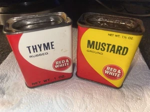 Two Vintage Red & White Spice Tins Mustard & Thyme Chicago Illinois Advertising - Picture 1 of 8