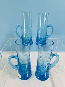 VTG Set Bohemian Etched  Floral Cordial Blue Shot Glasses Made In Czechoslovakia - Picture 1 of 12