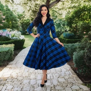 Unique Vintage Plaid Fit & Flare Midi Dress Retro Swing Wackeltaschen Stretch - Bild 1 von 12