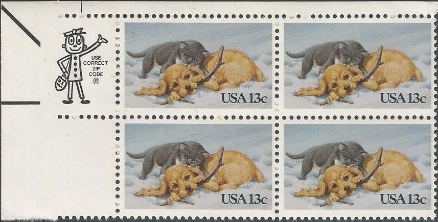 Zip Block of 4 stamps - Scott 2025 - 13 cent - Cat and Dog - 1982 - MNH - Image 1 of 1