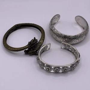 Lot Of Three Cuff Bracelets Dragon Flowers Etched Adjustable Hinged 6.5-7.5” - Picture 1 of 13