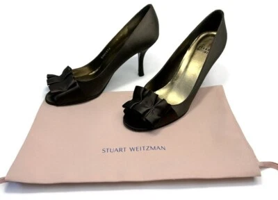 Stuart Weitzman Pump Gigiritz Brown Ruffled Satin Size 9 M Open Peep Toe Heel - Image 1 of 4